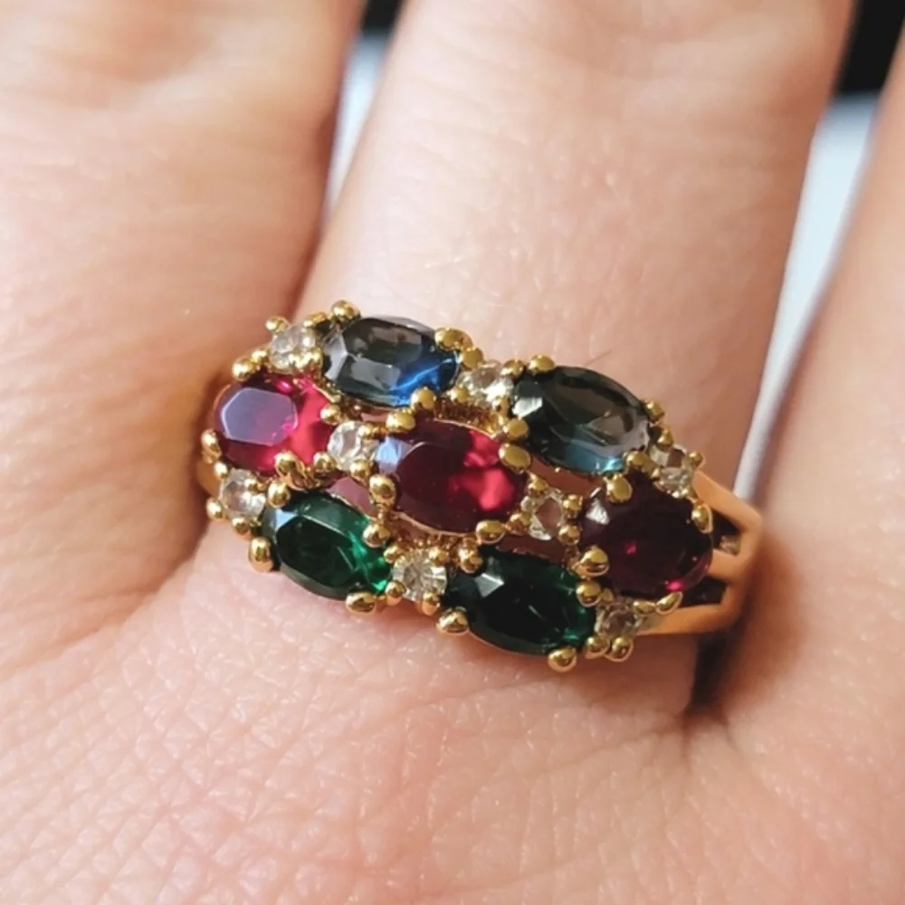 Multi-gem Gold Tone Cocktail Ring Faux Emerald Sapphire Ruby and Diamond Vintage